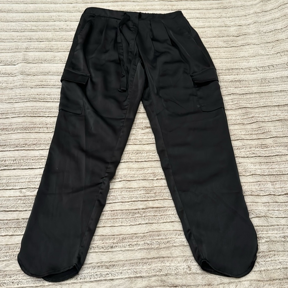 Black satin cargo pants